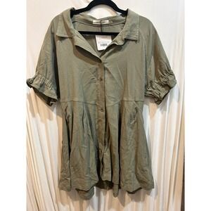 Willow Collared Shirt Dress Green Cotton Ruffle Sleeve Casual‎ Mini Large